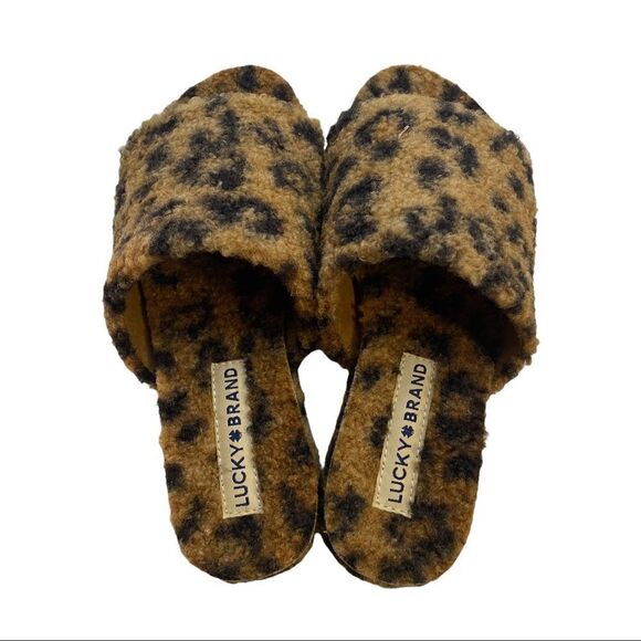 Lucky Brand leopard Fleece Slipper Sandals Sz 6.5M - Picture 1 of 6